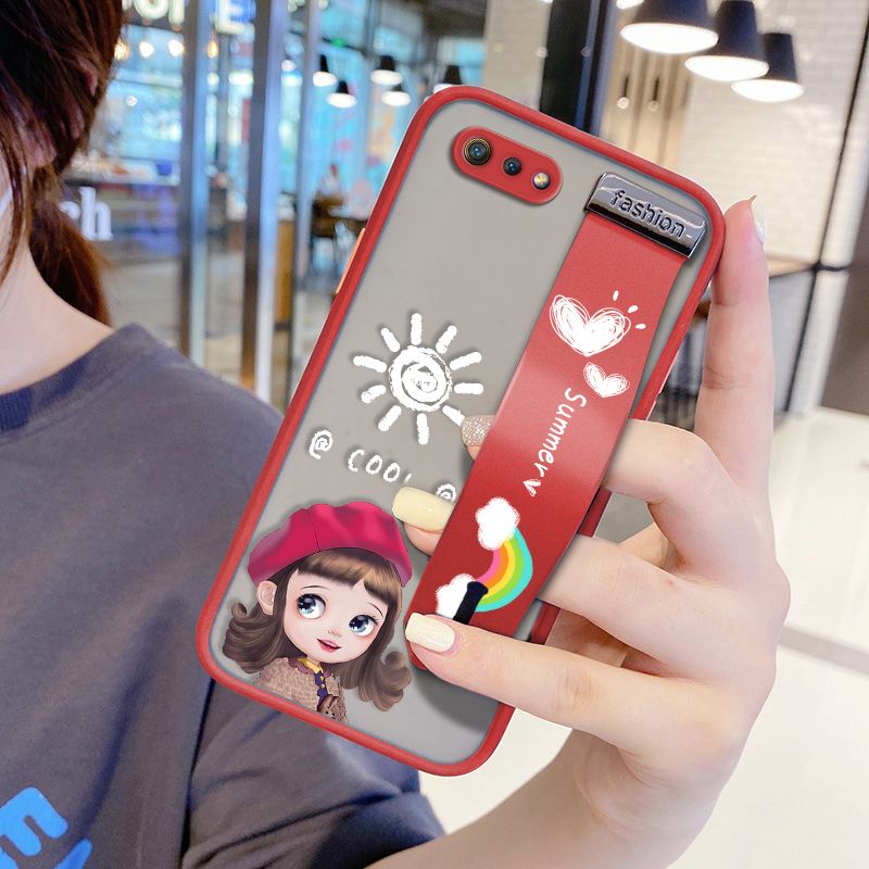 UCUC for Realme C2 Wrist Strap Case Lovely Cartoon Red Hat Girl Wristband Printing Cover Shockproof Frosted Phone Case