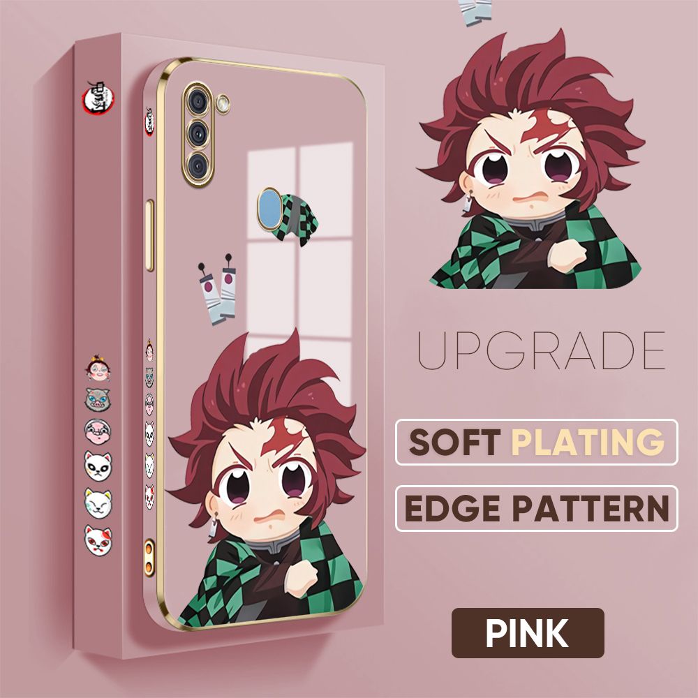 Jizetin (Free Lanyard) Samsung A11 / M11 Cover Wronged Tanjiro Luxury 6D Plating Soft Casing Silicone Square Frame Phone Case Shiny Bling Back Cover