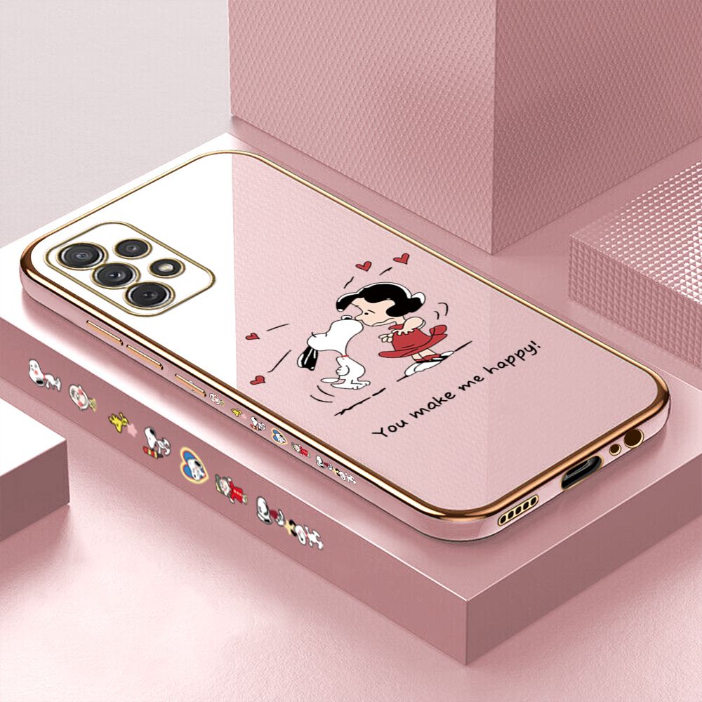 Luxury 6D Plating Case for Samsung A72 5G/4G Cartoon Happy Puppy Side Pattern Back Cover Soft Silicone Square Phone Cases + Free Lanyard