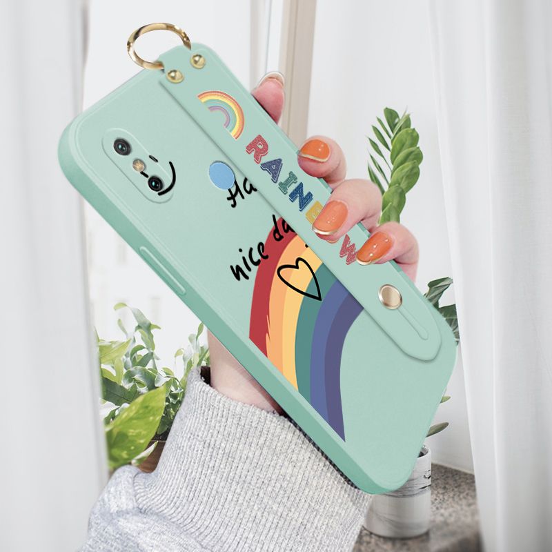 Jizetin for Xiaomi Mi 6X Wrist Strap Case INS Style Smile Rainbow Cover Ultra Thin Anti Fall Liquid Silicone Phone Case