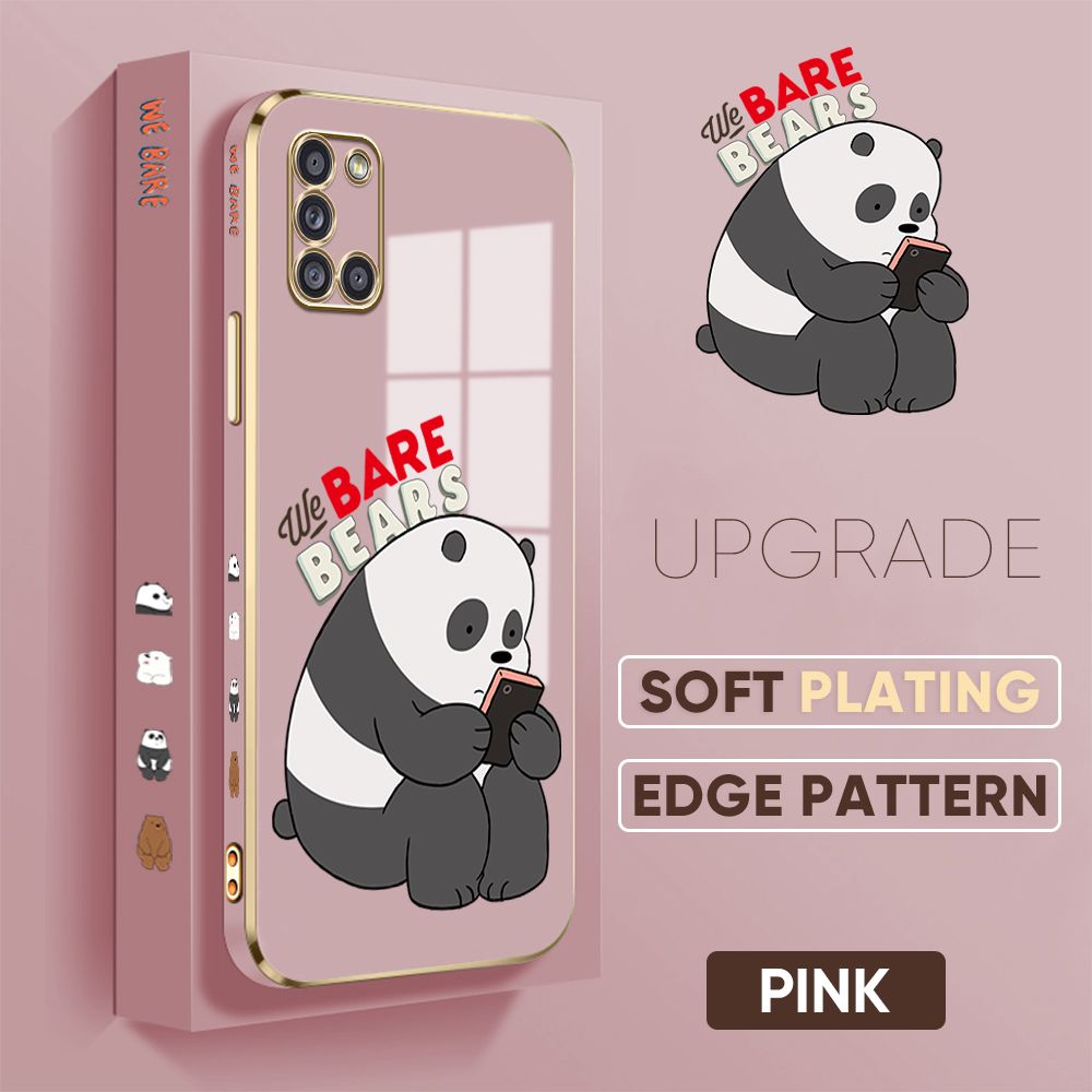 Jizetin (Free Lanyard) Samsung A31 Cover Panda Reading Luxury 6D Plating Soft Casing Silicone Square Frame Phone Case Shiny Bling Back Cover