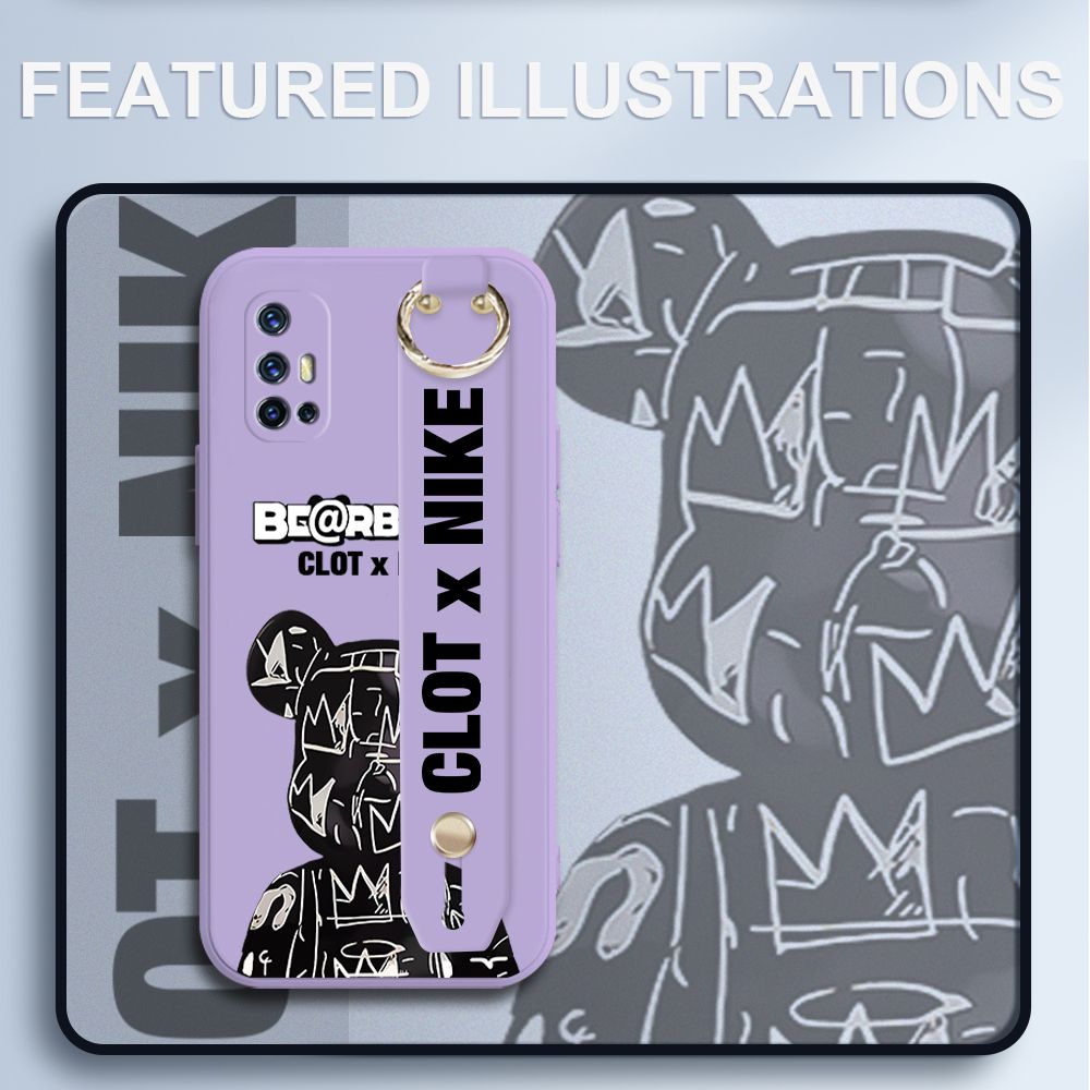 UCUC for Vivo V17 Wrist Strap Case Creative Cartoon Black Stitching Bear Cover Ultra Thin Anti Fall Liquid Silicone Phone Case