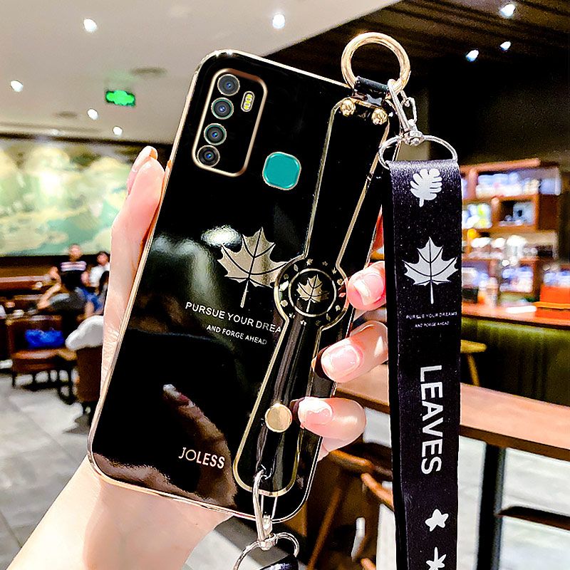 For Infinix Hot 9 Back Cover with Lanyard + Wristband Fashion Shiny Maple Leaf Plating Bumper Stand Holder Case Camera Protection Soft Silicone Mobile Phone Cases