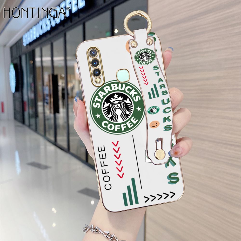 Hontinga for Vivo Y19 Back Cover With Wristband Luxury 6D Plating Coffee Sign Case Soft Silicone Square Phone Cases
