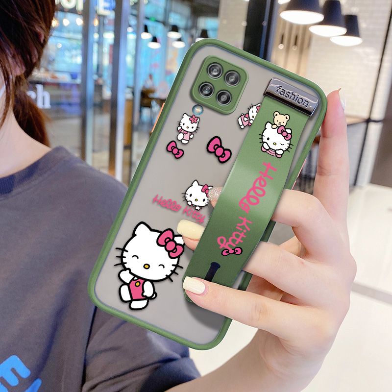 UCUC for Samsung Galaxy A12 Wrist Strap Case Lovely KT Cat Wristband Printing Cover Shockproof Ultra Thin Phone Case