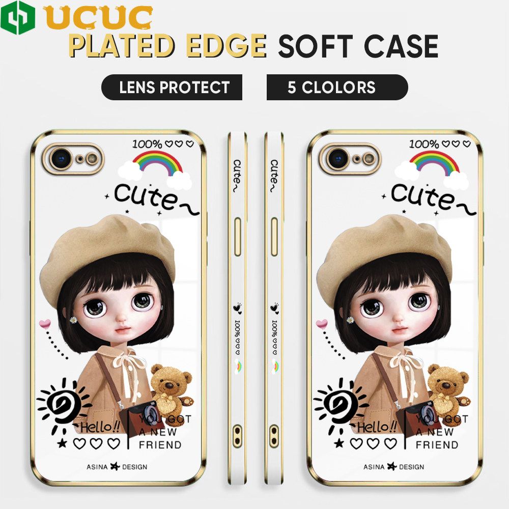 UCUC for iPhone 7 8 SE 2020 SE 2022 Back Cover + Free Lanyard Sunshine Girl Luxury 6D Plating Case Side Pattern Soft Silicone Square Phone Cases
