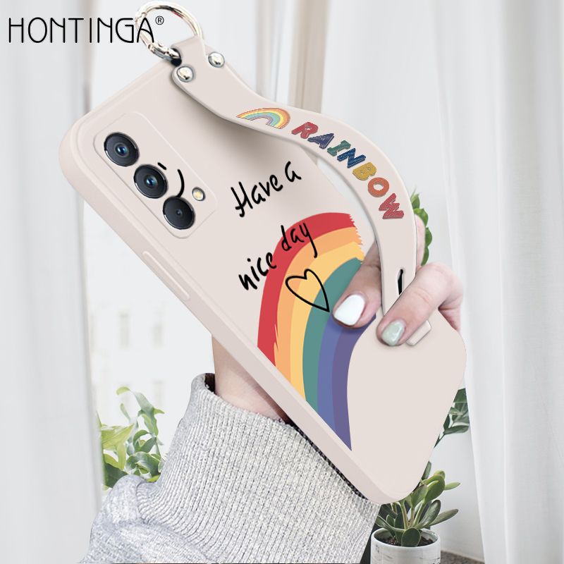 Hontinga for Realme GT Master Wrist Strap Case Lovely Graffiti Rainbow Smile Thin Phone Cover Square Edge Liquid Silicone Creativity Phone Case