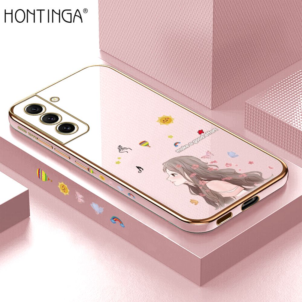 Hontinga for Samsung Galaxy S21 FE 5G Back Cover + Free Lanyard Luxury 6D Plating Sunshine Girl Side Pattern Case Soft Silicone Square Phone Cases
