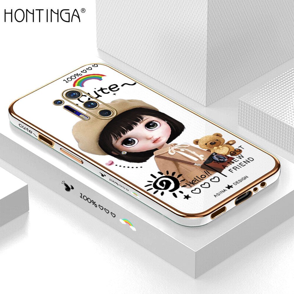 Hontinga for OnePlus 8 Pro Back Cover + Free Lanyard Luxury 6D Plating Cute Satchel Girl Side Pattern Case Soft Silicone Square Mobile Cover