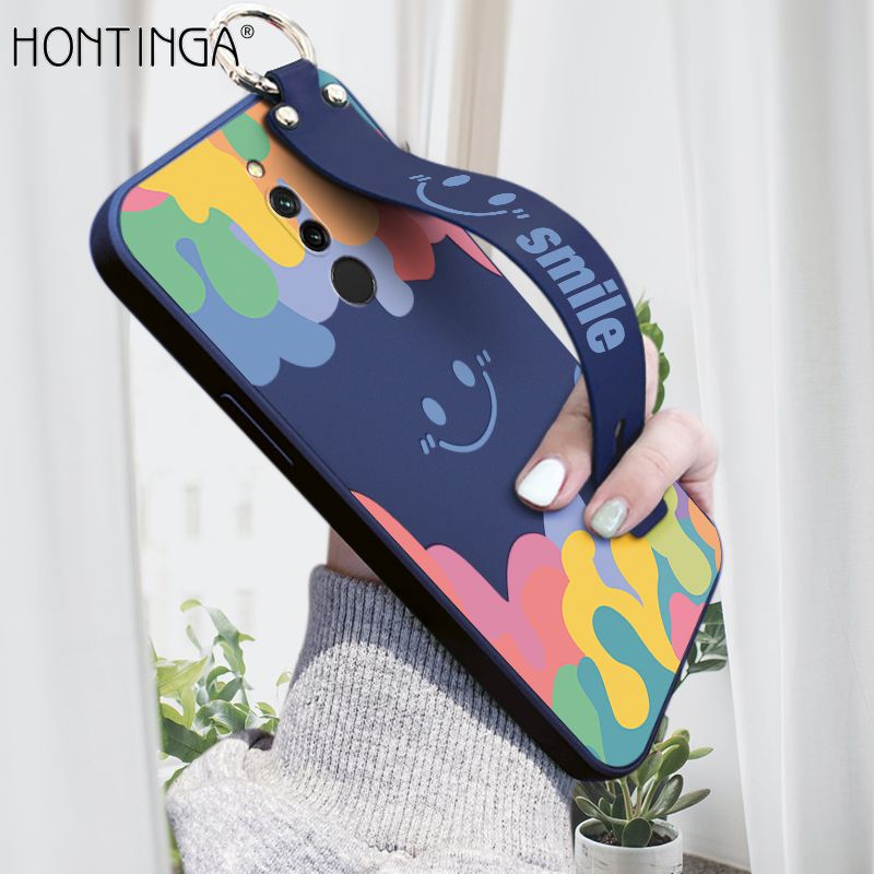 Hontinga for Xiaomi Redmi 8 Wrist Strap Case Soft Candy Color Splash Ink Cover Trend Square Printed Pattern Liquid Silicone Phone Case