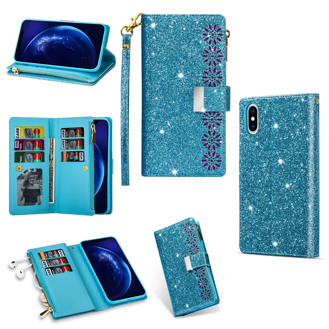 For iPhone X / XS Multi-card Slots Starry Sky Laser Carving Glitter Zipper Horizontal Flip Leather Case with Holder y Wallet y Lanyard