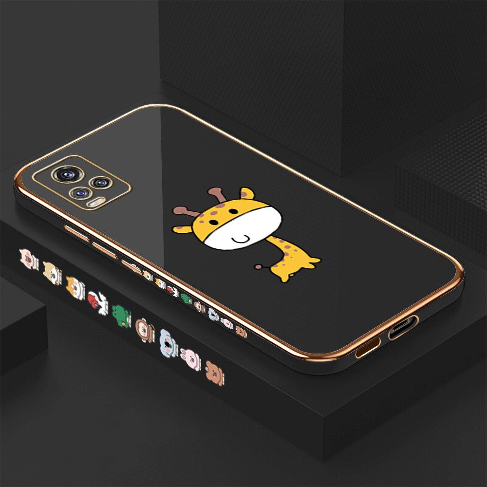 Luxury 6D Plating Case for Vivo V20 Pro Color Cute Giraffe Side Pattern Back Cover Soft Silicone Square Frame Shiny Bling Phone Cases + Free Lanyard