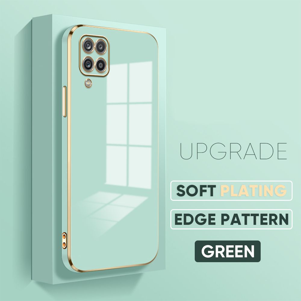 TA for Samsung A12 Cover Luxury 6D Plating Soft Casing Silicone Square Frame Phone Case Shiny Bling Back Cover + Free Lanyard