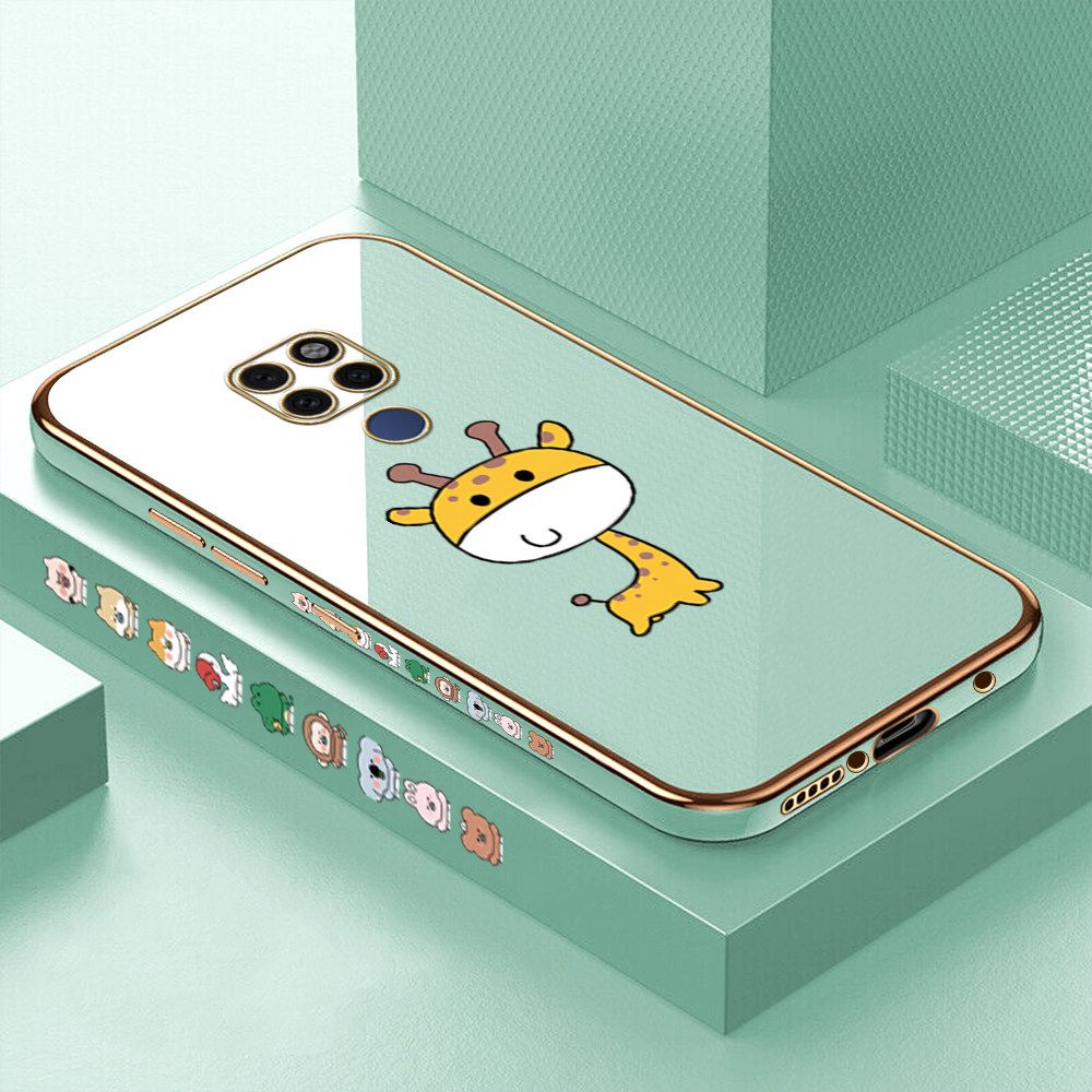 Luxury 6D Plating Case for Huawei Mate 20 Color Cute Giraffe Side Pattern Back Cover Soft Silicone Square Frame Shiny Bling Phone Cases + Free Lanyard