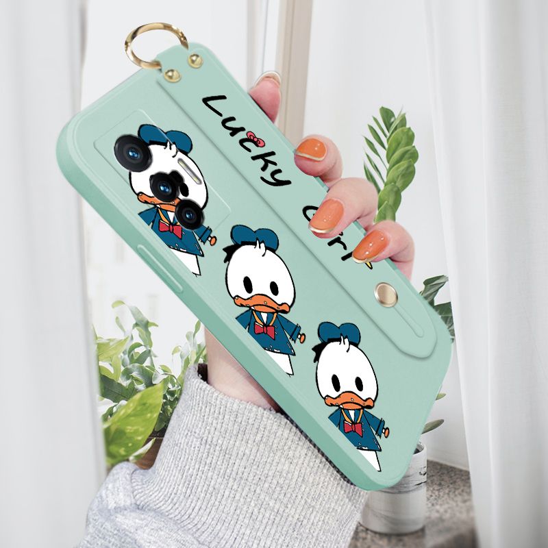 ZeroQiQi for Vivo X70 5G Wrist Strap Case Cute Cartoon Little Duck Phone Case Square Edge Liquid Silicone Case Full Cover Camera Shockproof Protective Cases