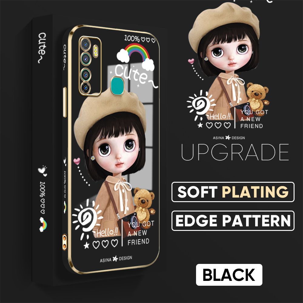Jizetin (Free Lanyard) Infinix Hot 9 Back Cover Fashion Girl Luxury 6D Plating Case Side Pattern Soft Silicone Square Phone Cases