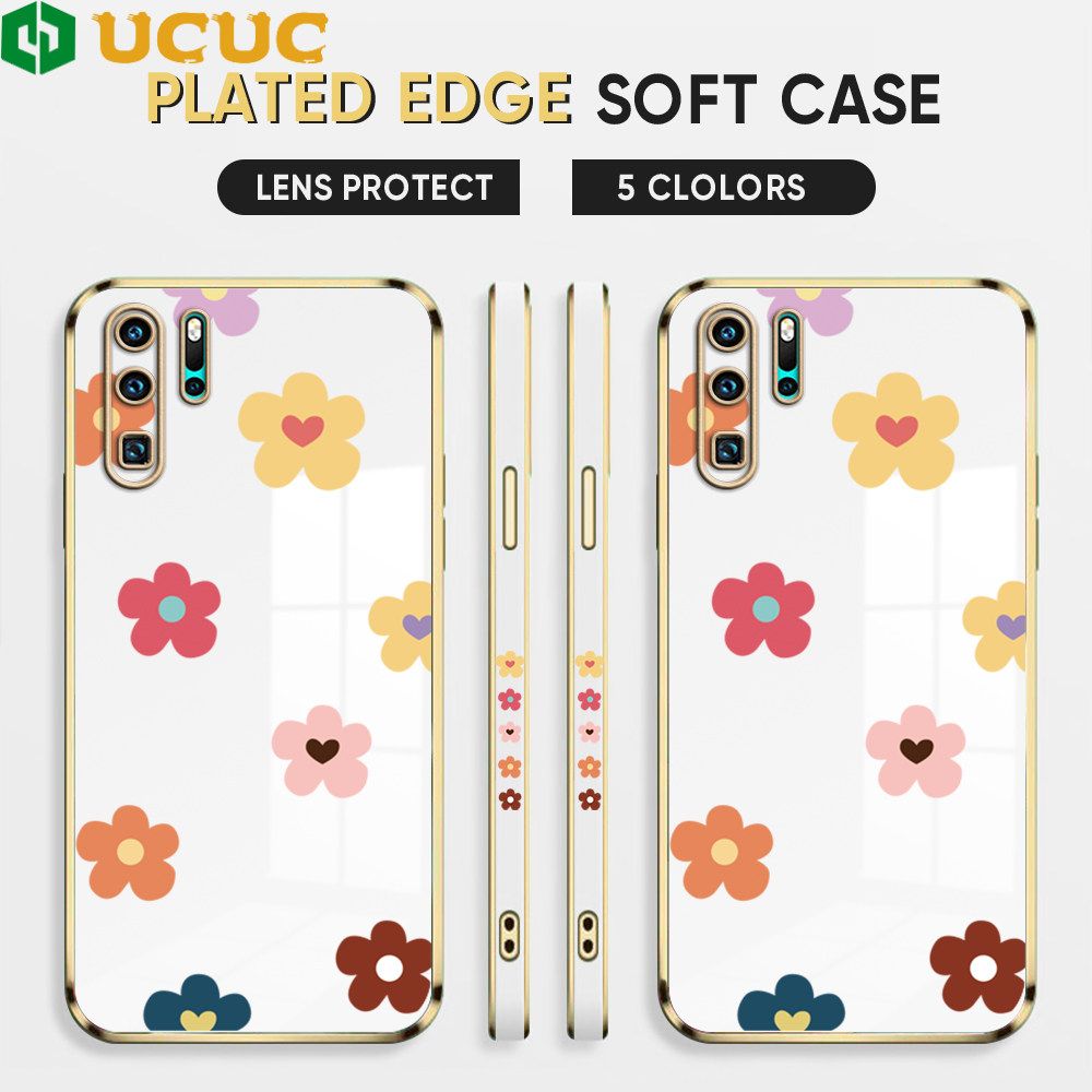 UCUC for Huawei P30 Pro Back Cover + Free Lanyard INS Style Flower Luxury 6D Plating Case Side Pattern Soft Silicone Square Phone Cases