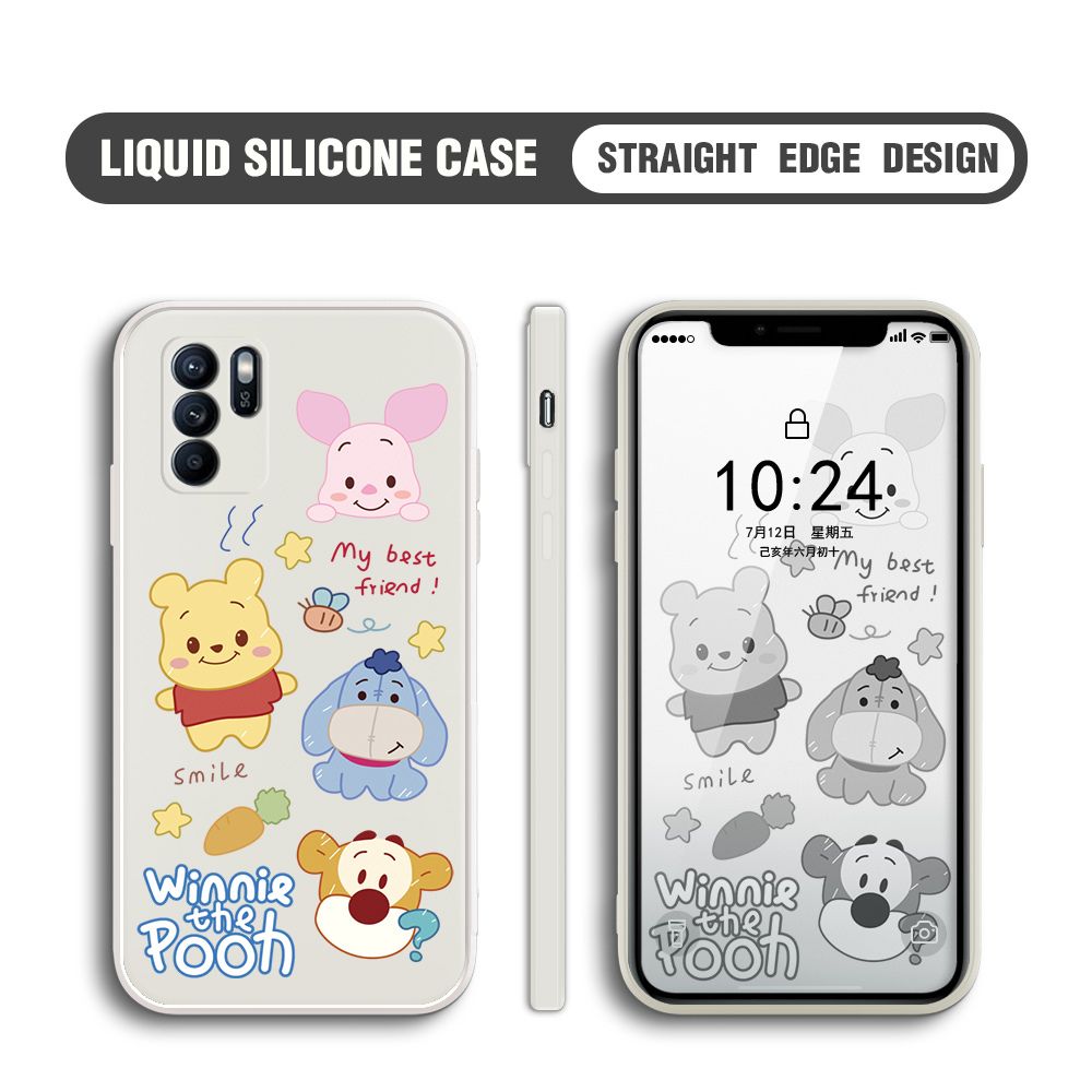 BILI for OPPO Reno6 Z 5G Back Cover Cute Winne Friends Multicolor Liquid Silicone Phone Case Soft Square Lens Protection Phone Cases