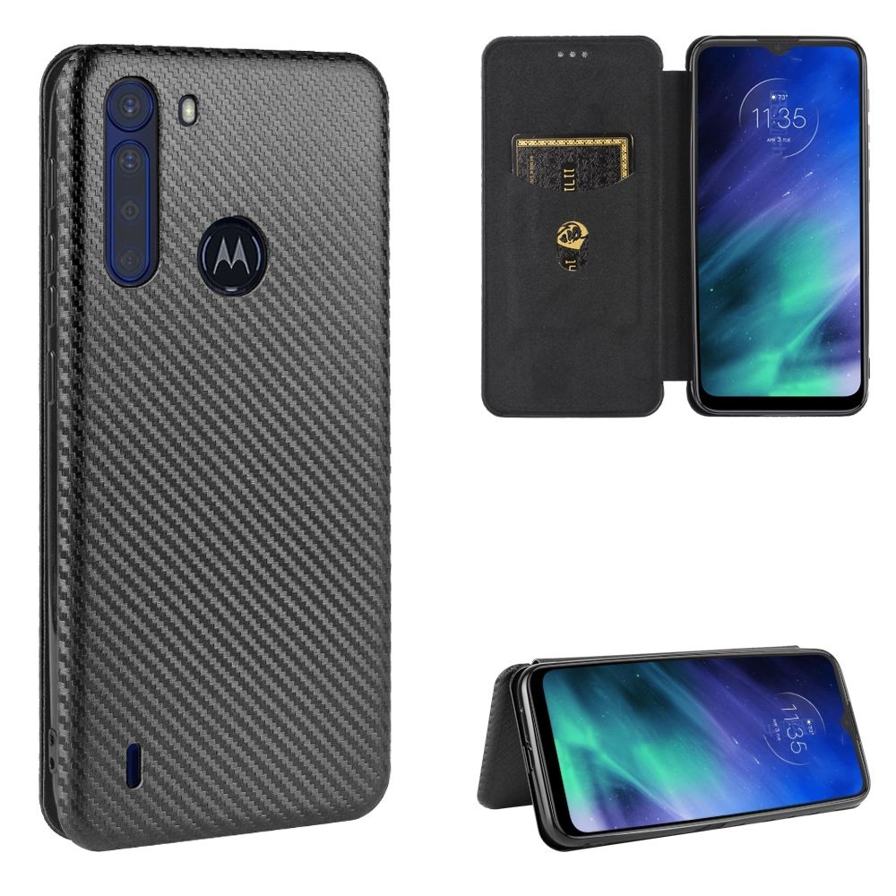 (Ready Stock)For Motorola Moto One Fusion Carbon Fiber Texture Magnetic Horizontal Flip TPU + PC + PU Leather Case with Rope & Card Slot(Brown)