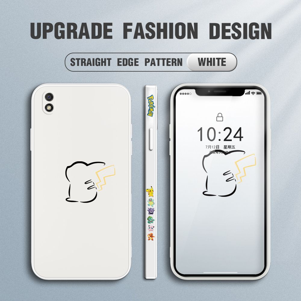Jizetin for Xiaomi Redmi 9A Case New Pikachu Pokémon Design Side Design Phone Case Square Edge Pattern Liquid Silicone Cases Full Cover Camera Soft Protection Case