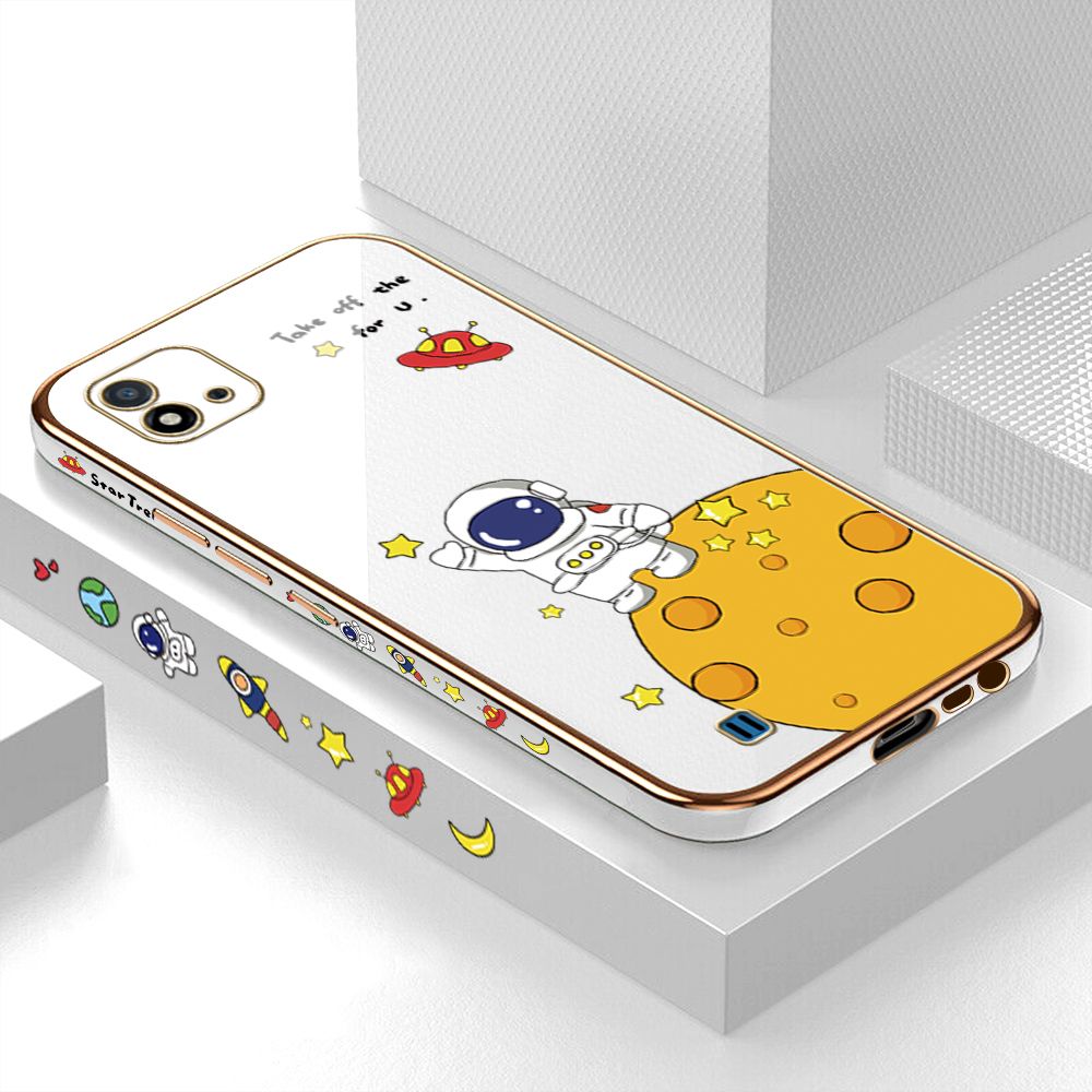 Luxury 6D Plating Case for Realme C11 2021 Cute Cartoon Happy Astronaut Side Pattern Back Cover Soft Silicone Square Frame Shiny Bling Phone Cases + Free Lanyard