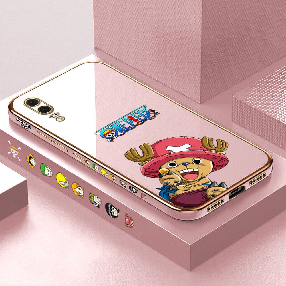 Luxury 6D Plating Case for Huawei P20 Cartoon Anime Choba Side Pattern Back Cover Soft Silicone Square Frame Shiny Bling Phone Cases + Free Lanyard