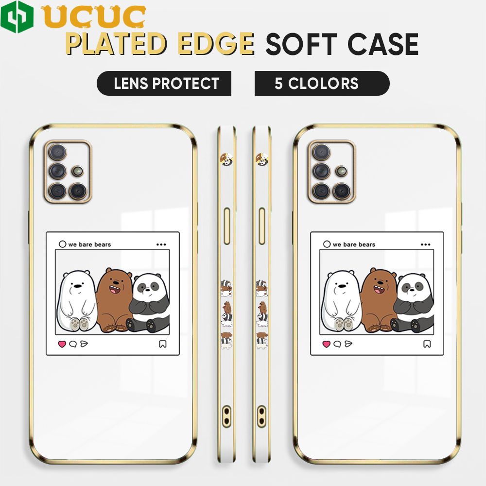 UCUC for Samsung Galaxy A71 Cover Bears Photo Luxury 6D Plating Soft Casing Silicone Square Frame Phone Case Shiny Bling Back Cover + Free Lanyard