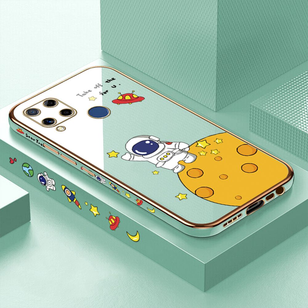 Luxury 6D Plating Case for Realme C15 Cute Cartoon Happy Astronaut Side Pattern Back Cover Soft Silicone Square Frame Shiny Bling Phone Cases + Free Lanyard