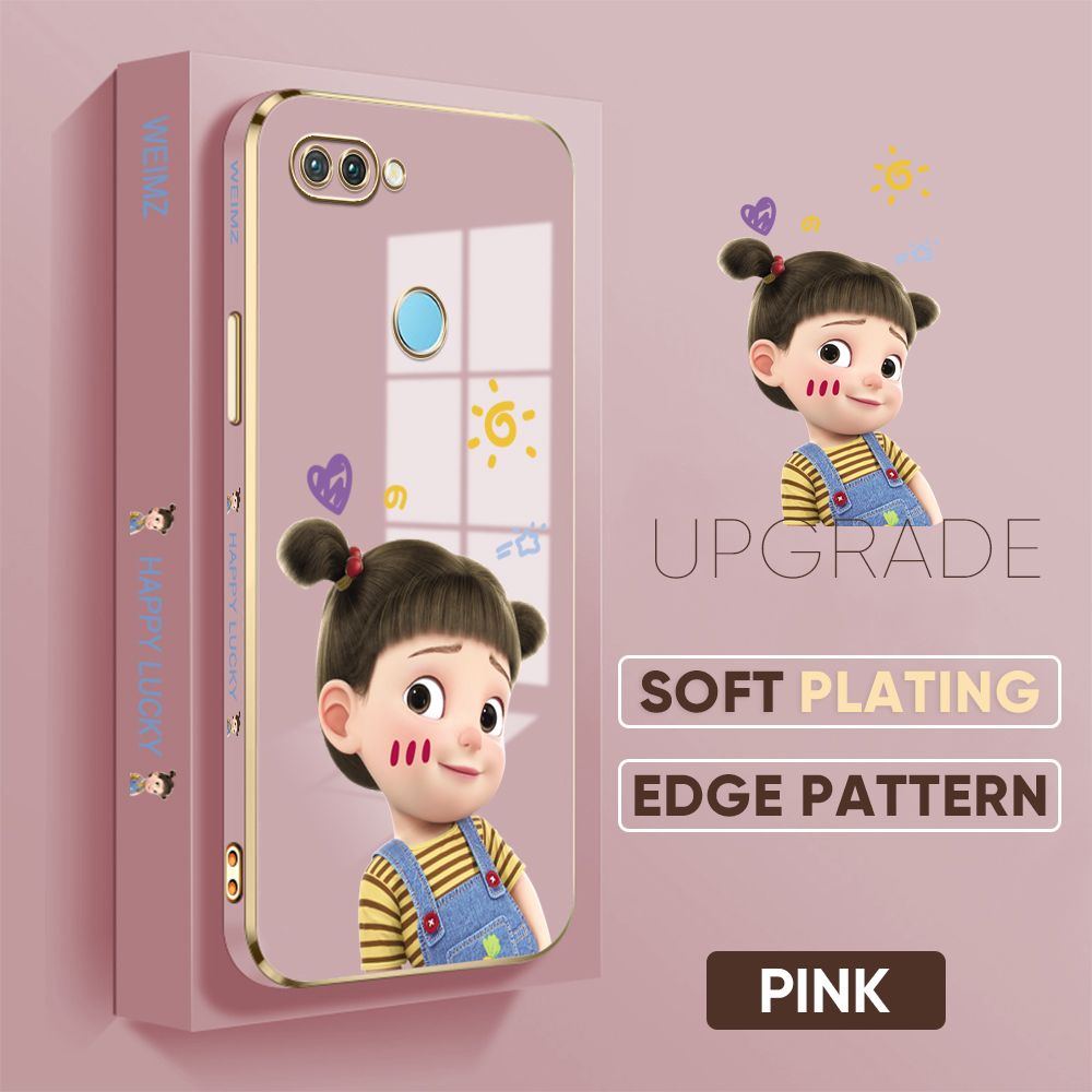 TA for OPPO F9 Realme U1 A7X F9 Pro Back Cover + Free Lanyard Naughty Girl Luxury 6D Plating Case Side Pattern Soft Silicone Square Phone Cases