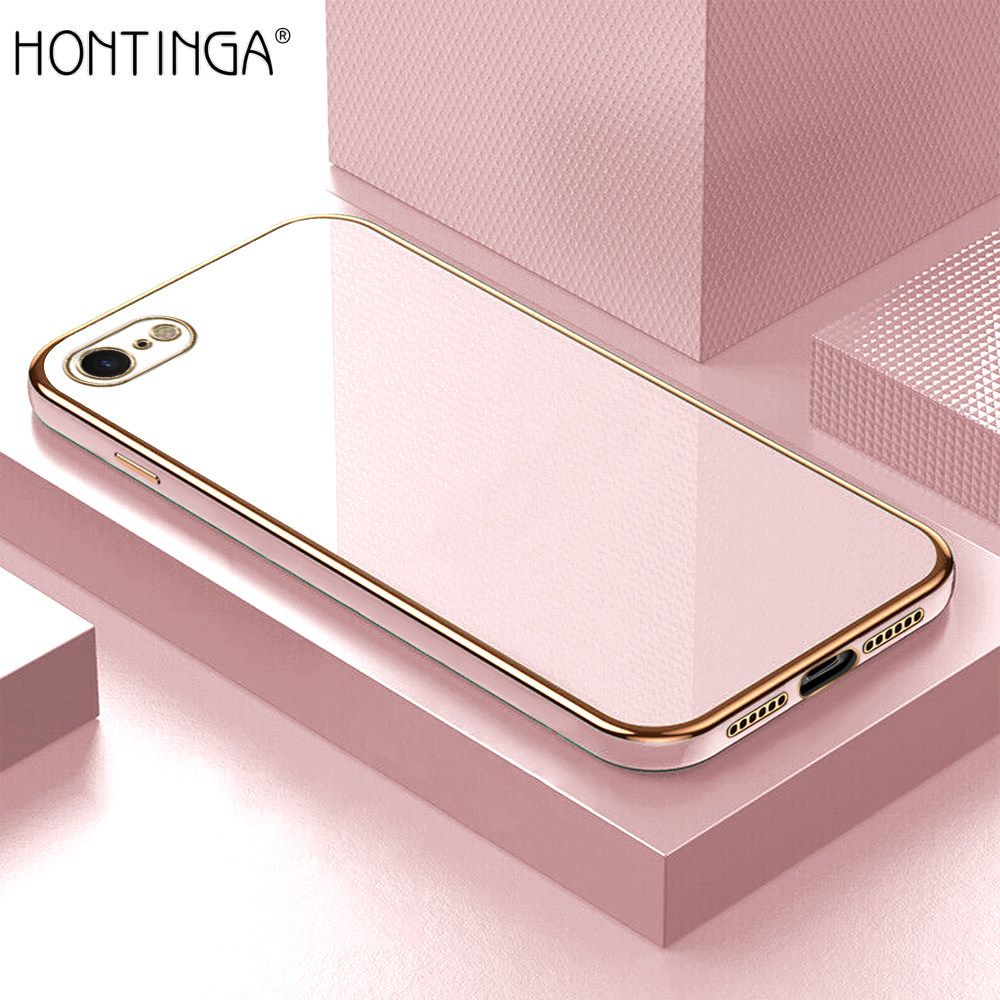 Hontinga for iPhone 7 / 8 / SE 2020 / SE 2022 Back Cover + Free Lanyard Luxury 6D Plating Frame Shiny Bling Case Soft Silicone Square Phone Cases