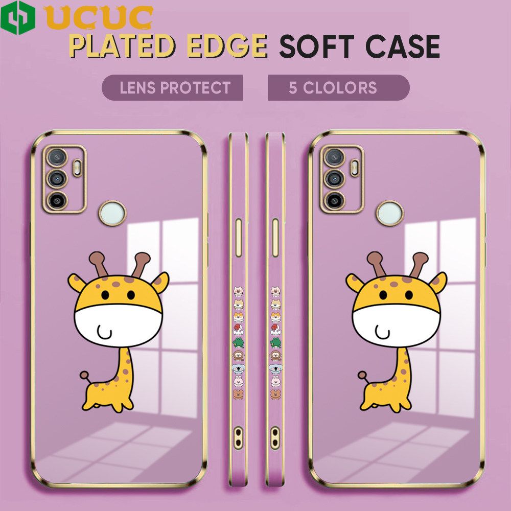 UCUC for OPPO A53 2020 / A33 2020 Back Cover + Free Lanyard Big Head Giraffe Luxury 6D Plating Case Side Pattern Soft Silicone Square Phone Cases