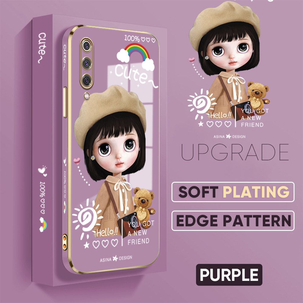 Jizetin (Free Lanyard) Xiaomi 9 Luxury 6D Plating Soft Casing Silicone Square Frame Phone Case Shiny Bling Back Cover Cute Sunshine Girl New design Side Drawing Case