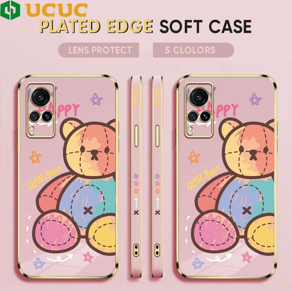 UCUC for Vivo X60 Back Cover + Free Lanyard Colorful Muppet Bear Luxury 6D Plating Case Side Pattern Soft Silicone Square Phone Cases
