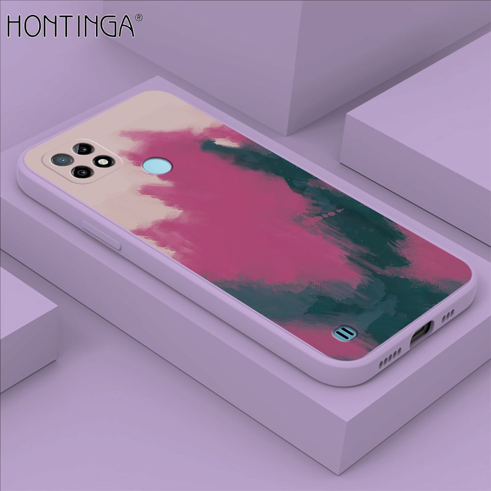 Hontinga for Realme C21 Case Watercolor Gradient Liquid Soft Square Silicone Phone Case Shockproof Protection Rubber Cover