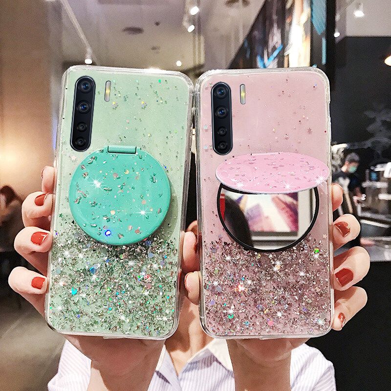 Phone case OPPO A91 Shiny Ring Case Glitter Soft Transparent Makeup Mirror Cases For OPPO A91 Back Cover Stars Moon Girls
