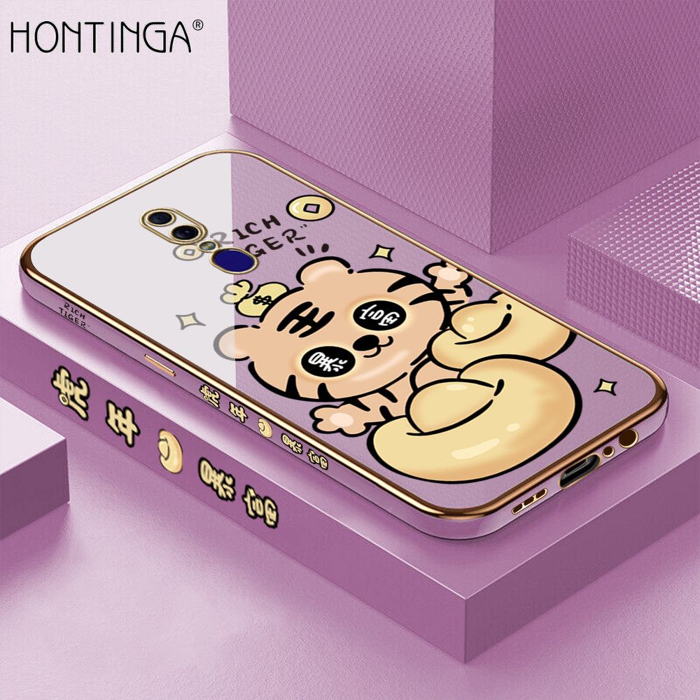 Hontinga for OPPO F11 Back Cover + Free Lanyard Luxury 6D Plating Cartoon Get Rich Tiger Side Pattern Caese Soft Silicone Square Phone Cases