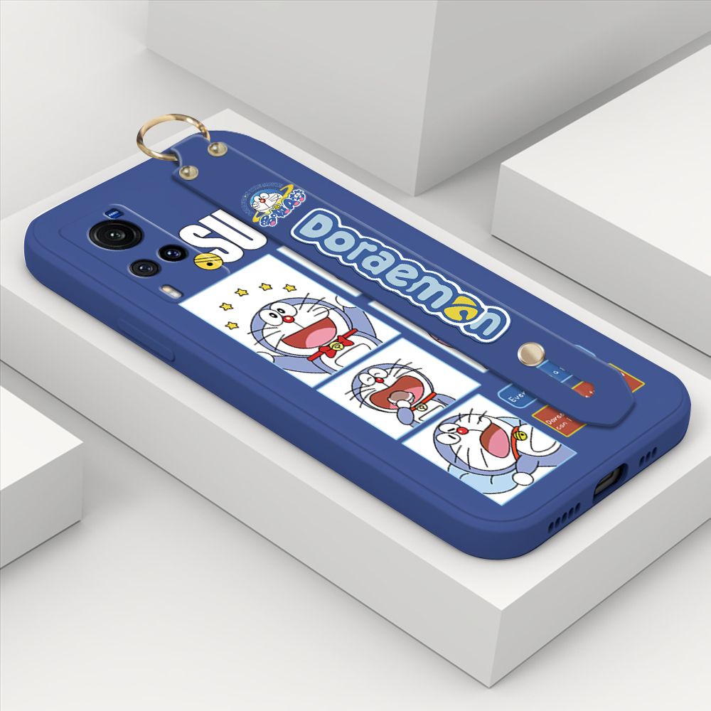 Hontinga for Vivo X60 5G Wrist Strap Case Cute Cute Cartoon Blue Cat Daily Life Cover Square Edge Liquid Silicone Creative Phone Protective Cases