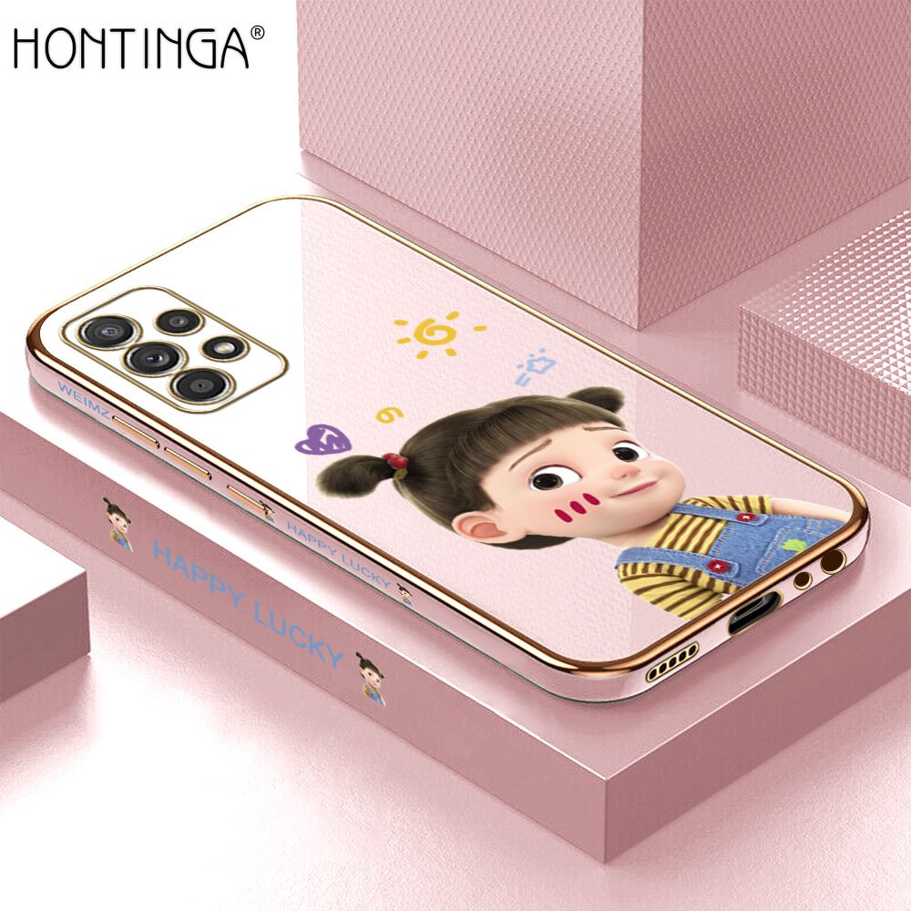 Hontinga for Samsung Galaxy A52 5G / 4G / A52S 4G Back Cover + Free Lanyard Luxury 6D Plating Cute Cartoon Happy Girl Side Pattern Case Soft Silicone Square Phone Cases
