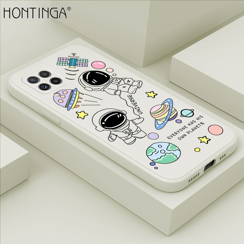 Hontinga for Samsung Galaxy A22 4G M22 Case Fashion Earth Planet Astronaut Phone Case Soft Square Edge Silicone Cases Full Lens Cover Shockproof Protection Cover