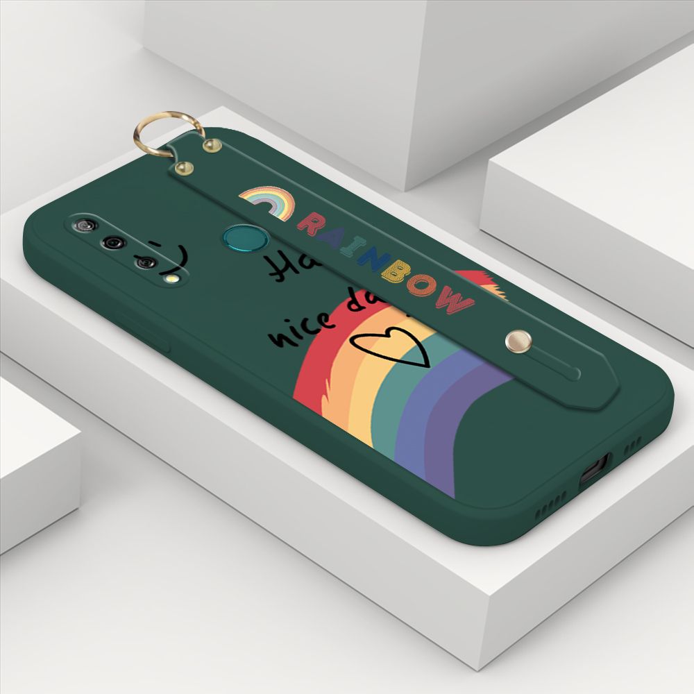 ZeroQiQi for Huawei Y9 Prime 2019 Wrist Strap Case Lovely Graffiti Rainbow Smile Thin Phone Cover Square Edge Liquid Silicone Creativity Phone Case