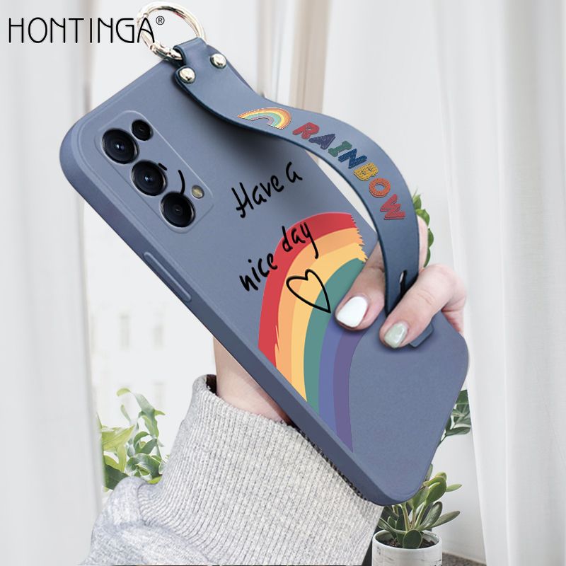 Hontinga for OPPO Reno5 Pro 5G Wrist Strap Case Lovely Graffiti Rainbow Smile Thin Phone Cover Square Edge Liquid Silicone Creativity Phone Case