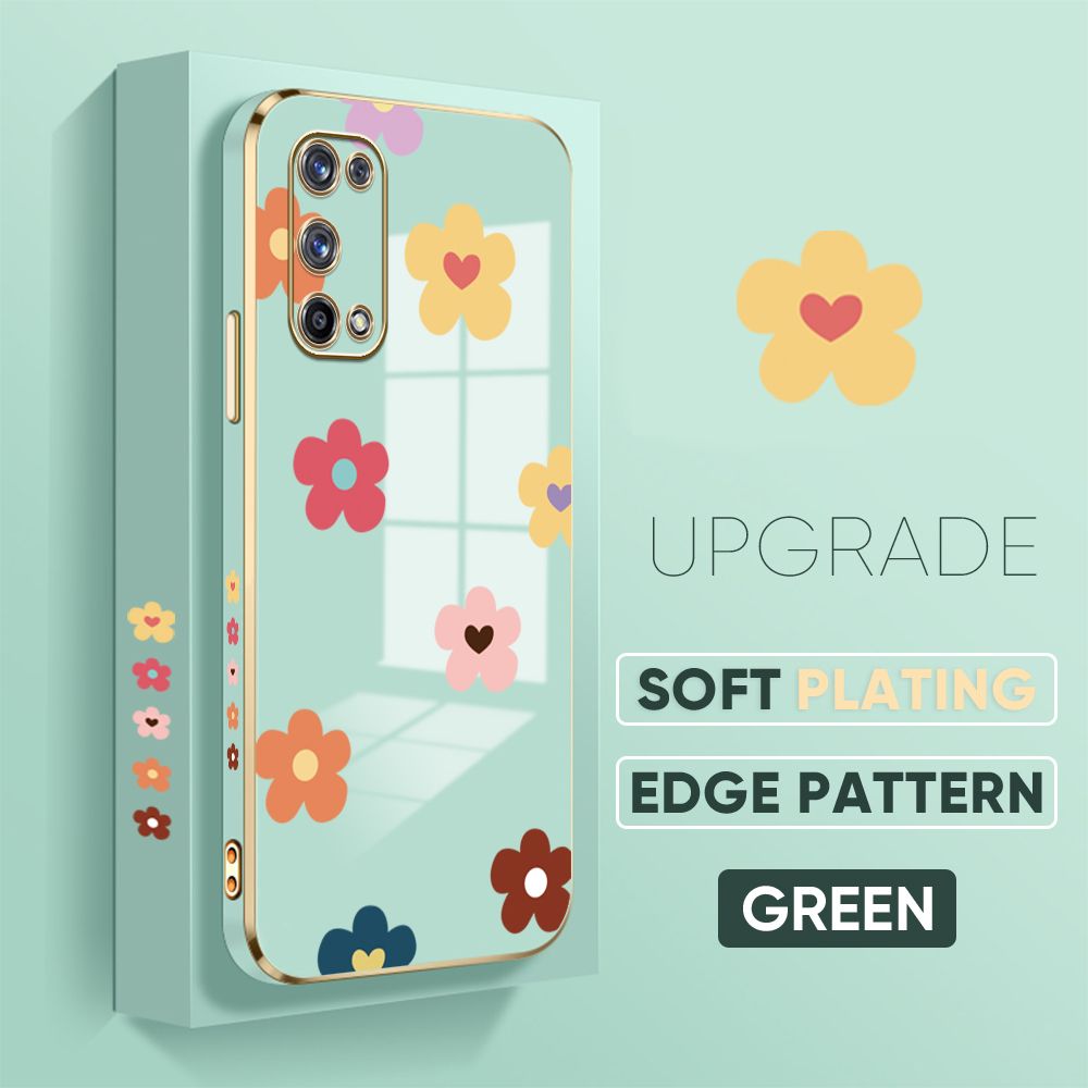 Jizetin (Free Lanyard) Realme X7 Pro Cover Falling Flowers Luxury 6D Plating Soft Casing Silicone Square Frame Phone Case Shiny Bling Back Cover