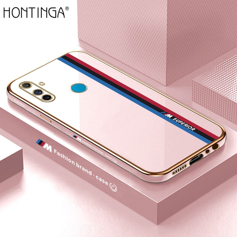 Hontinga for Realme C3 Back Cover + Free Lanyard Luxury 6D Plating Fashion Racing Side Pattern Case Soft Silicone Square Mobile Cover