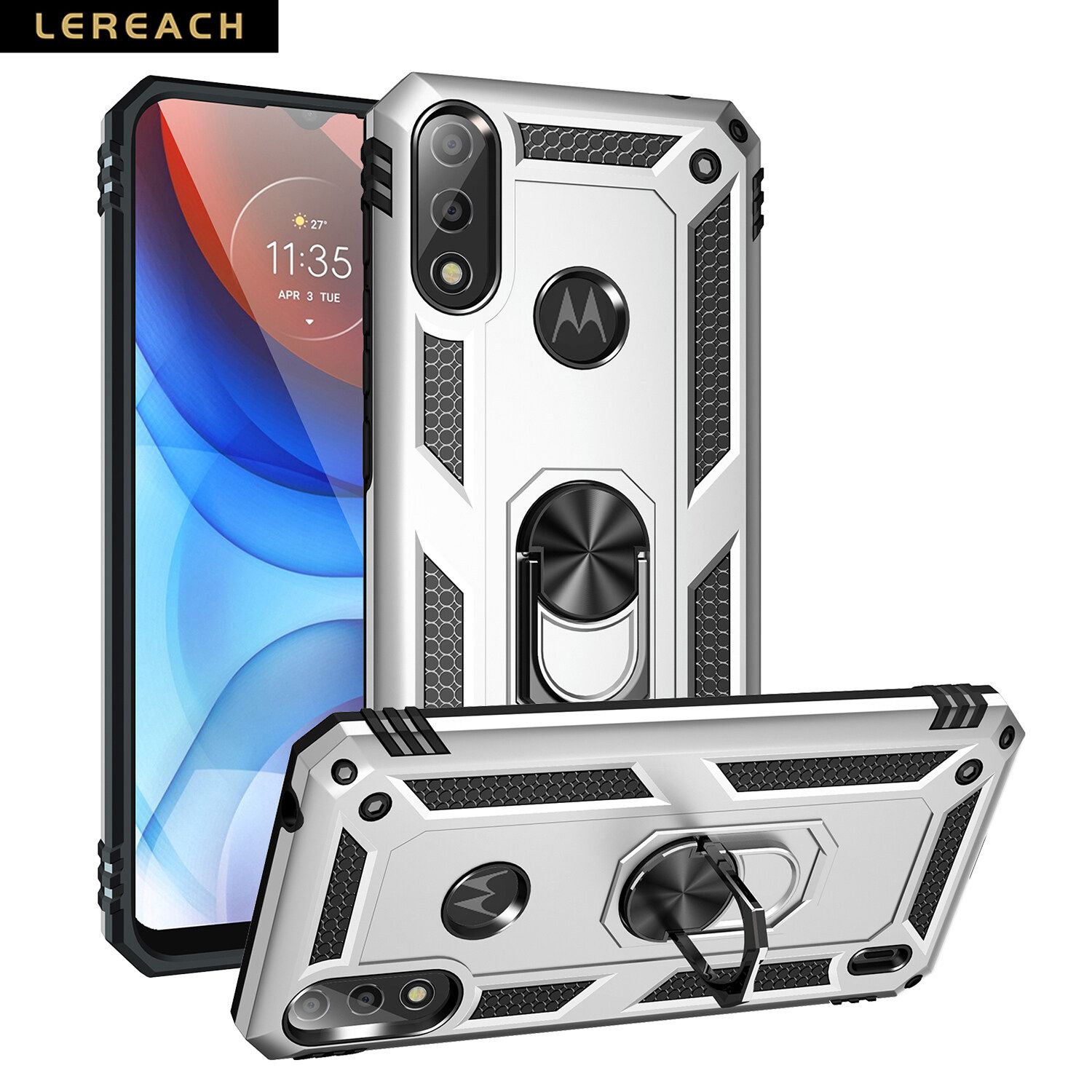 Lereach For Motorola Moto E7 Power 2021 / E7i Power Mobile Phone Case TUP+PC Hard Ring Car Ring Bracket Shockproof Back Cover
