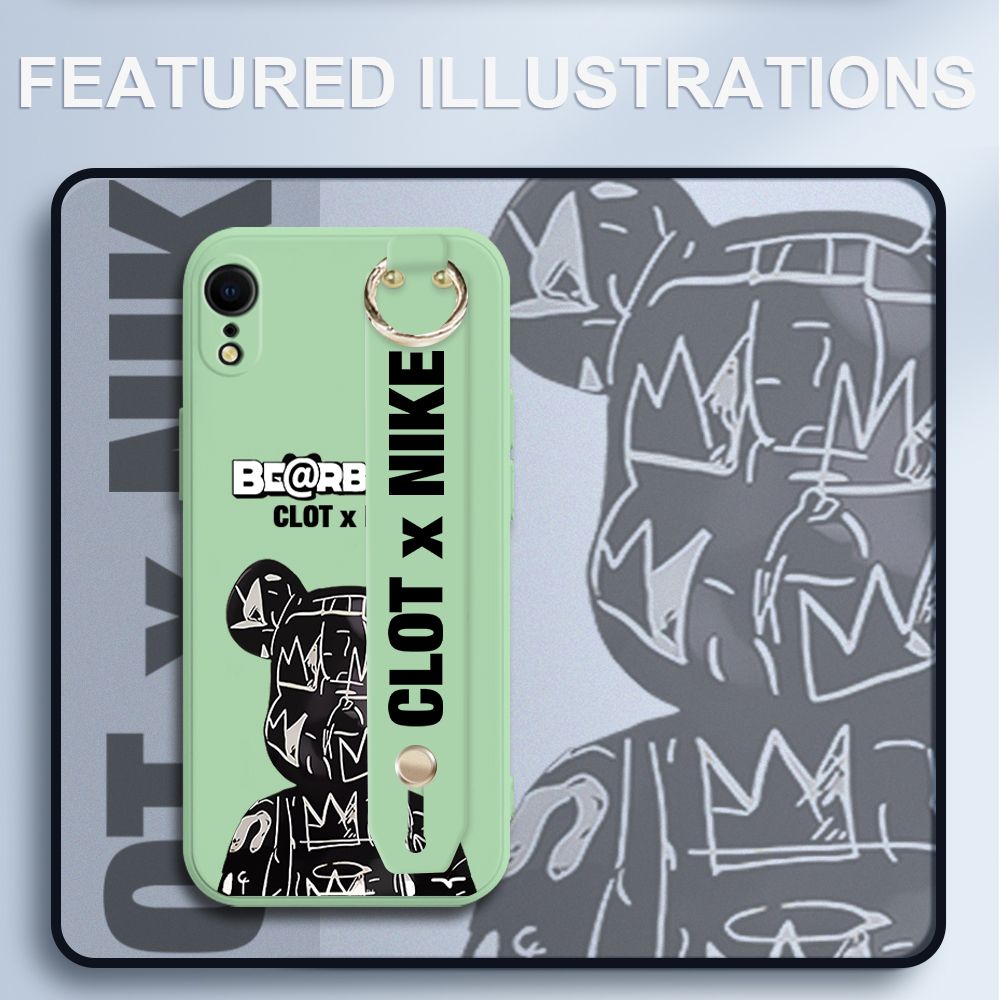 UCUC for iPhone XR Wrist Strap Case Creative Cartoon Black Stitching Bear Cover Ultra Thin Anti Fall Liquid Silicone Phone Case
