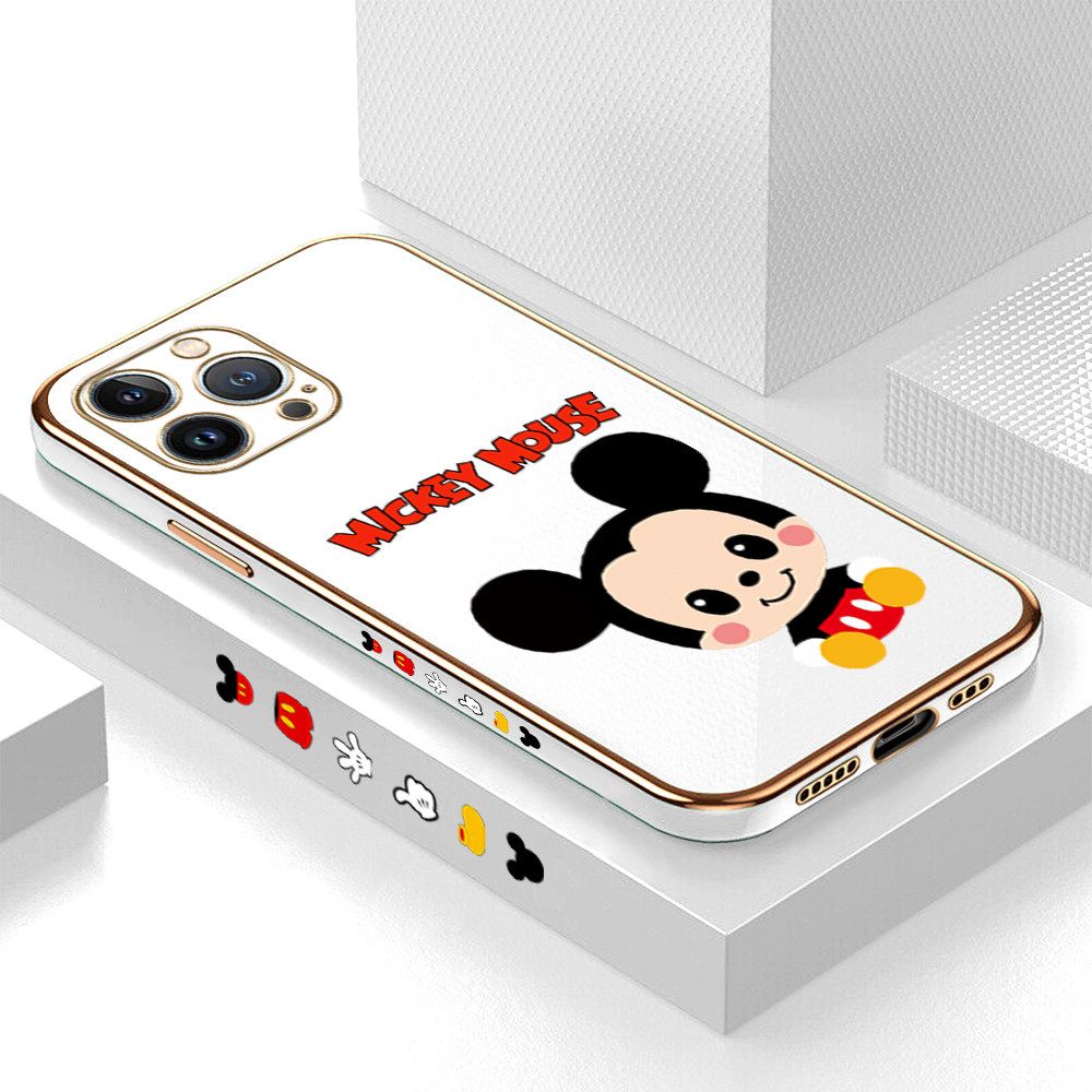 Luxury 6D Plating Case for iPhone 13 Pro Cute Cartoon Mouse Side Pattern Back Cover Soft Silicone Square Frame Shiny Bling Phone Cases + Free Lanyard