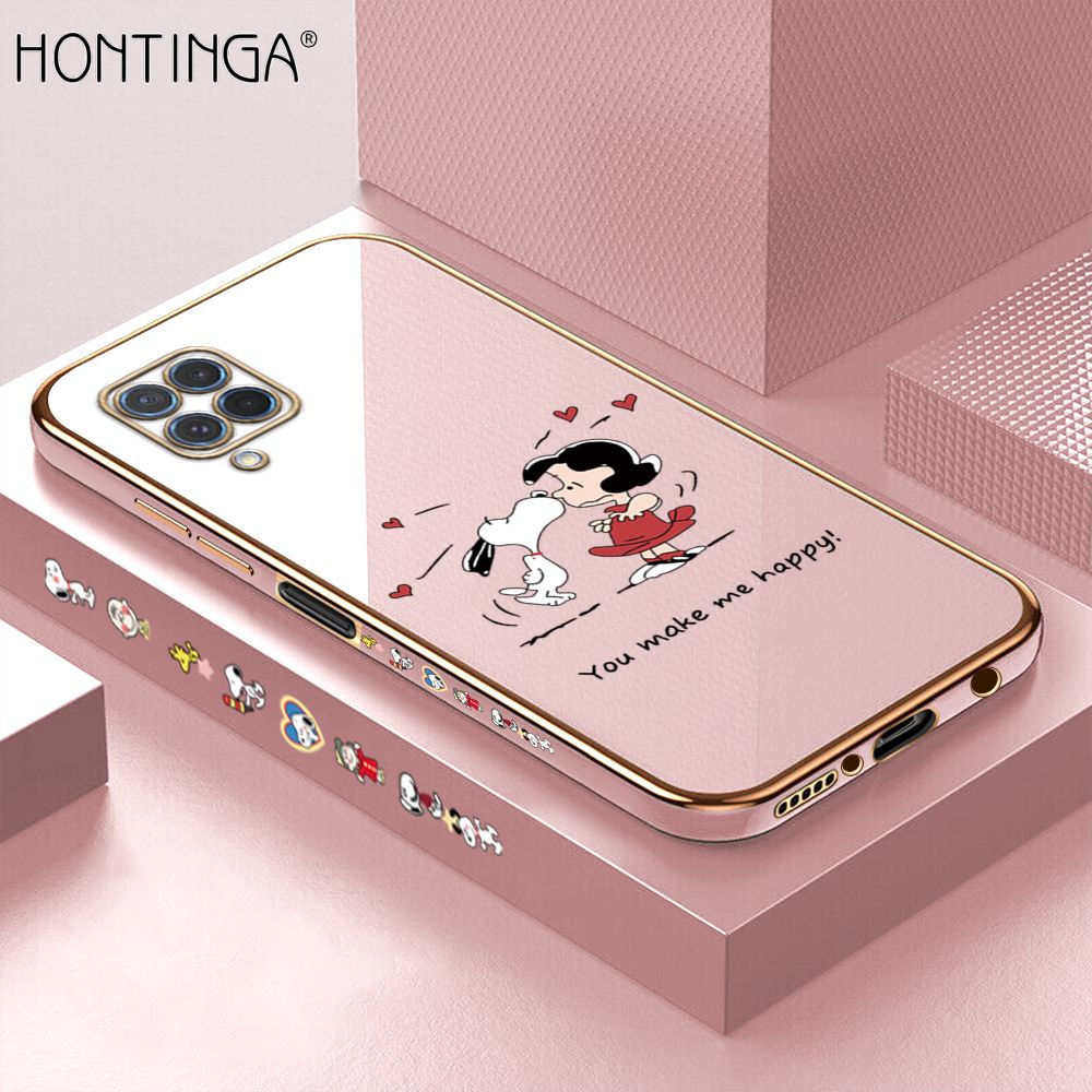 Hontinga for Samsung M62 F62 Back Cover + Free Lanyard Luxury 6D Plating Happy Puppy and Girl Side Pattern Case Soft Silicone Square Mobile Cover