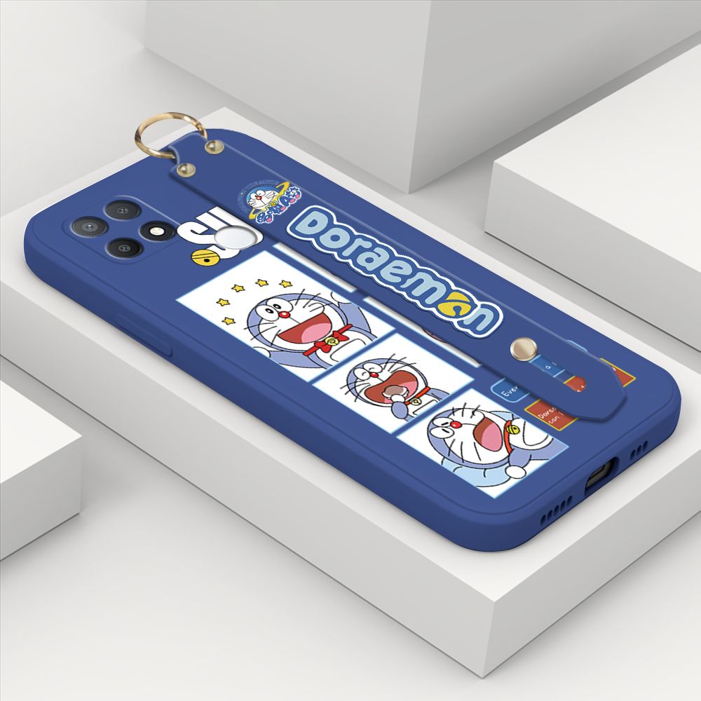 Hontinga for OPPO A15 Wrist Strap Case Cute Cute Cartoon Blue Cat Daily Life Cover Square Edge Liquid Silicone Creative Phone Protective Cases