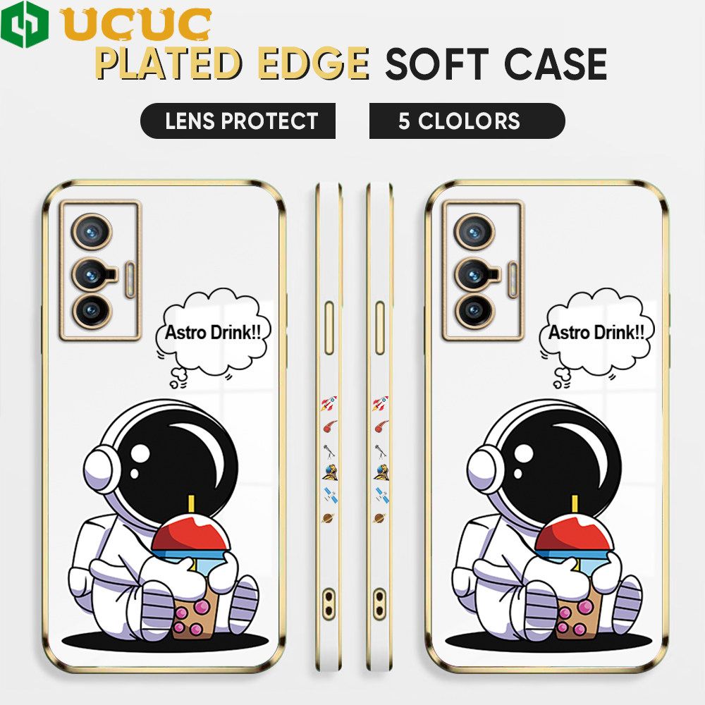 UCUC for Vivo X70 5G Back Cover + Free Lanyard Cute Astronaut Luxury 6D Plating Case Side Pattern Soft Silicone Square Phone Cases