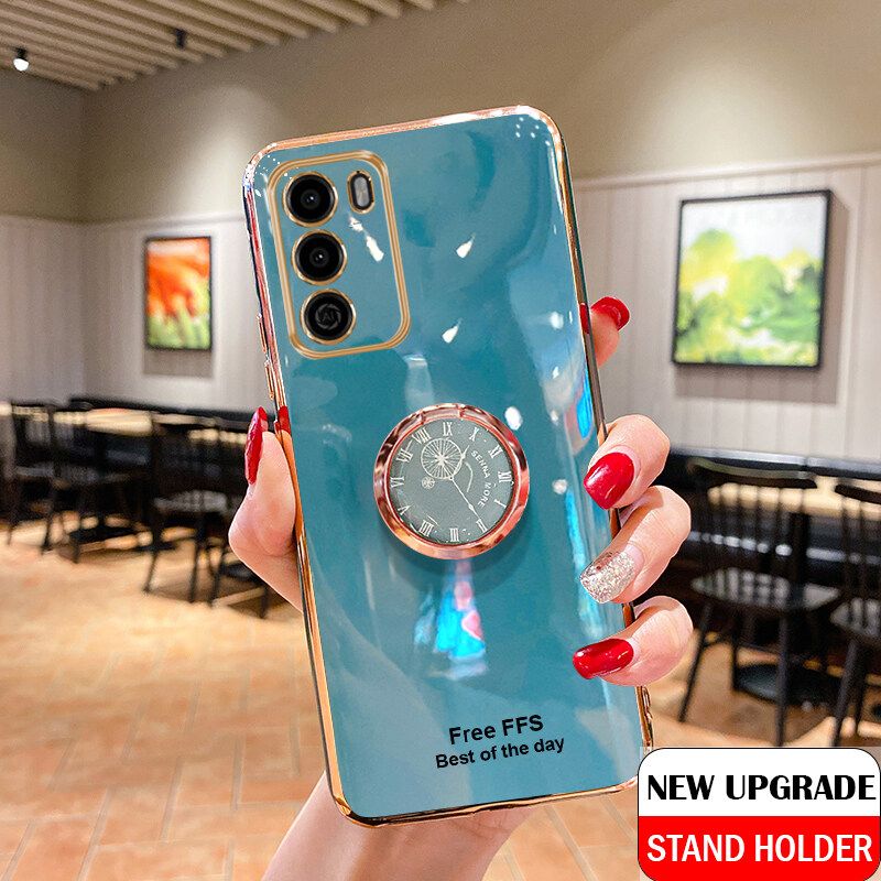 For OPPO A16 Cover + Ring Holder Ultra Thin Shiny Plating Bumper Stand Phone Case Soft TPU Silicone Shockproof Protective Back Cover